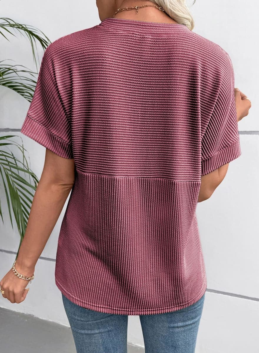 EVALESS Short Sleeve Shirts for Women Casual Spring Summer Tops Ribbed Knit Striped Womens Tops Crewneck Loose Fit T Shirts, Red, Large thumbnail 3