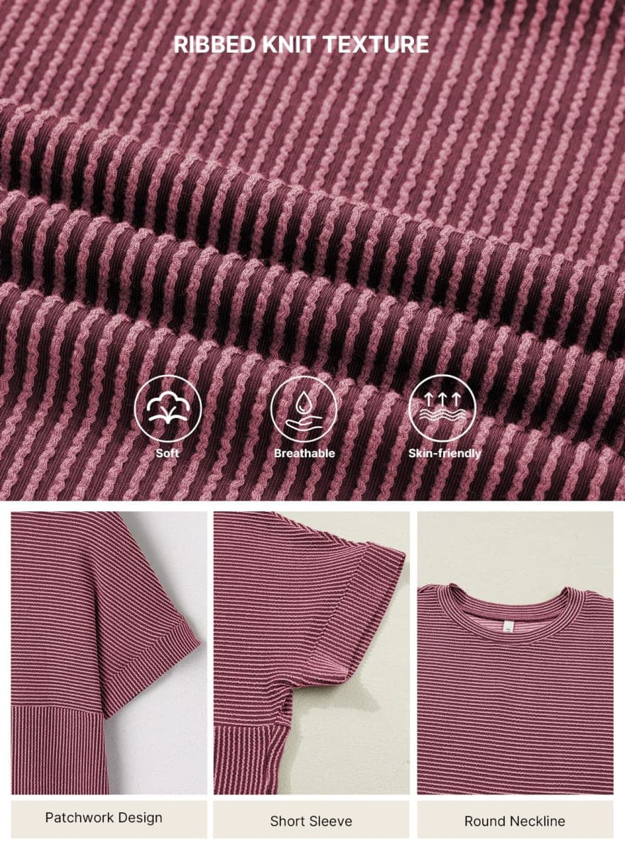 EVALESS Short Sleeve Shirts for Women Casual Spring Summer Tops Ribbed Knit Striped Womens Tops Crewneck Loose Fit T Shirts, Red, Large thumbnail 4