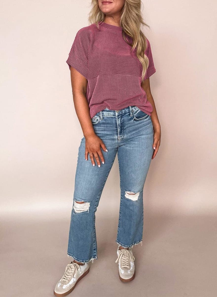 EVALESS Short Sleeve Shirts for Women Casual Spring Summer Tops Ribbed Knit Striped Womens Tops Crewneck Loose Fit T Shirts, Red, Large thumbnail 5