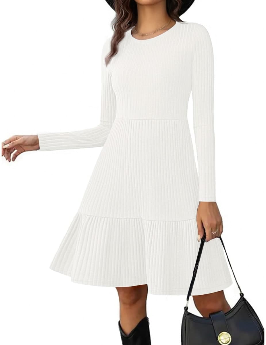 Zeagoo Womens Long Sleeve Fall Dresses with Pockets 2025 Flowy Casual Ribbed Knit Crew Neck Knee Length Sweater Dress, White, XX-Large thumbnail 2