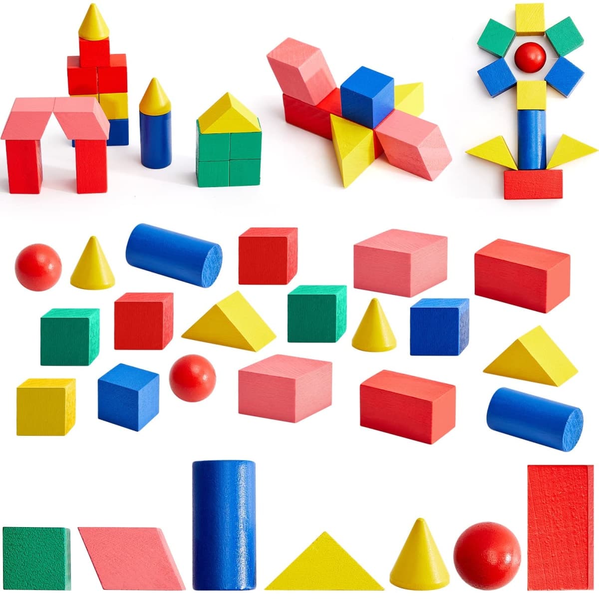 Deekin 70 Pcs Wood Geometric Solid Mini 3D Shapes Wooden Block Bulk Montessori Toys Manipulatives Elementary Shape Block for Preschool Learning Geometry Math Kindergarten Teaching Classroom — image 1