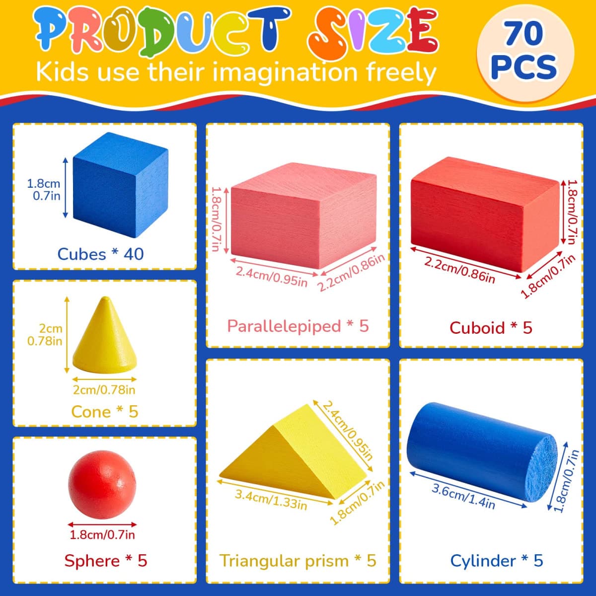 Deekin 70 Pcs Wood Geometric Solid Mini 3D Shapes Wooden Block Bulk Montessori Toys Manipulatives Elementary Shape Block for Preschool Learning Geometry Math Kindergarten Teaching Classroom thumbnail 2