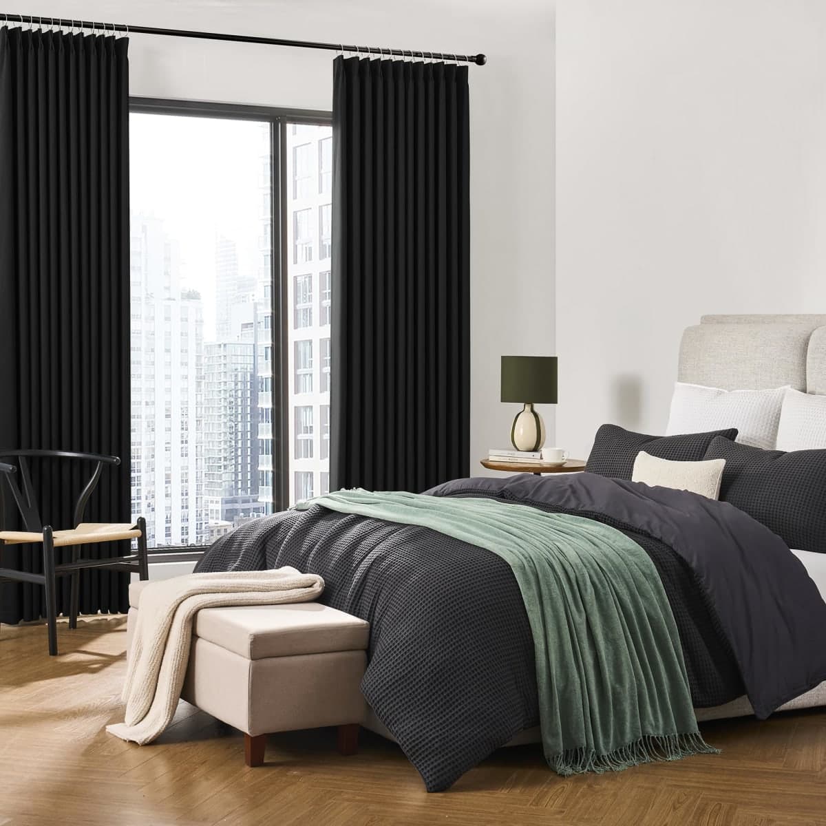 KEQIAOSUOCAI 80 Inch Wide Black Pinch Pleated Curtains 80 x 132, Thermal Insulated Noise Cancelling Living Room Office Drapes 132 Inches Long, Patio Sliding Glass Door Window Curtain 2 Panels thumbnail 4