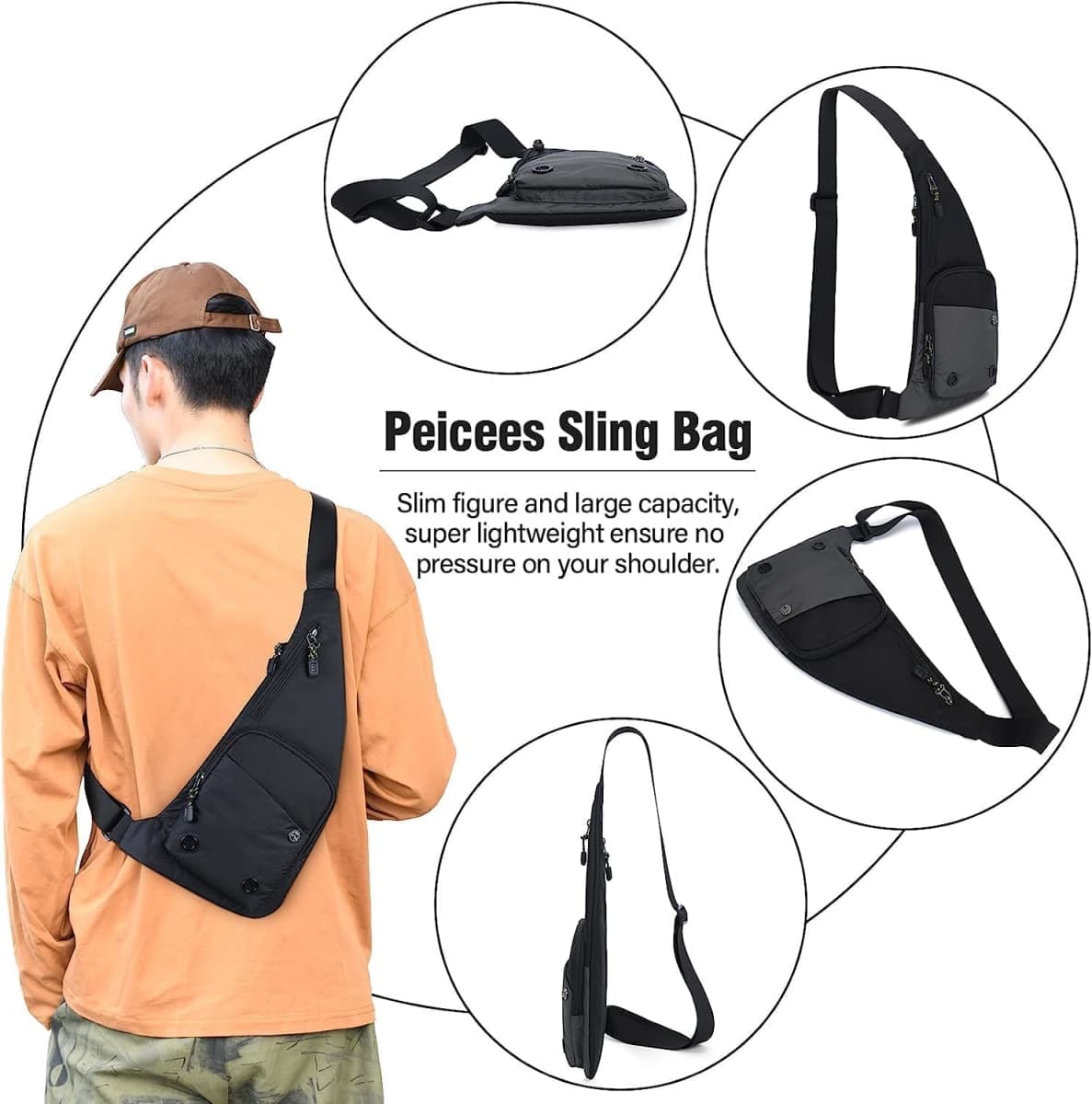 Peicees Water-resist Sling Bag Crossbody Bag for Men Slim Chest Backpack Man Purse Small Shoulder Bag for Travel Hiking thumbnail 5