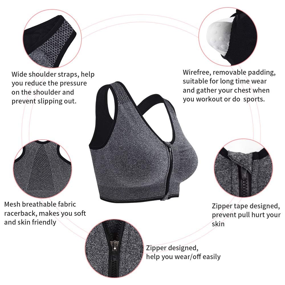 Fapreit Women's Zip Front Closure Sports Bra - Seamless Wirefree Post Surgery Zipper Padded Racerback Workout Gym Yoga Bras thumbnail 2
