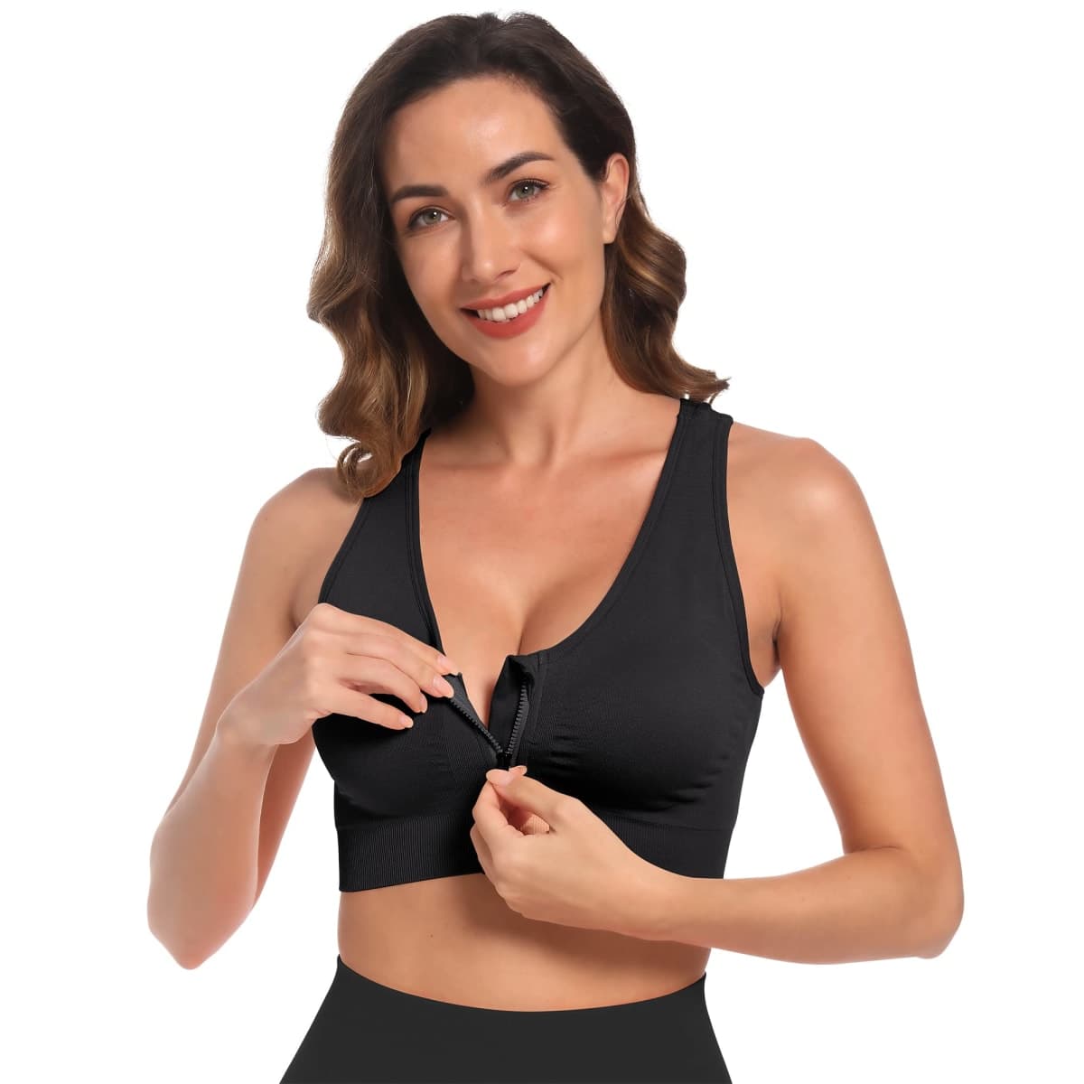 Fapreit Women's Zip Front Closure Sports Bra - Seamless Wirefree Post Surgery Zipper Padded Racerback Workout Gym Yoga Bras thumbnail 5