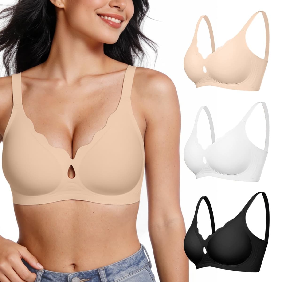ProKloud Wireless Bras for Women Wave Push Up No Underwire Bralettes Seamless Full Coverage Support Lift Everyday Bra, Black+white+nude, 3X-Large — image 1