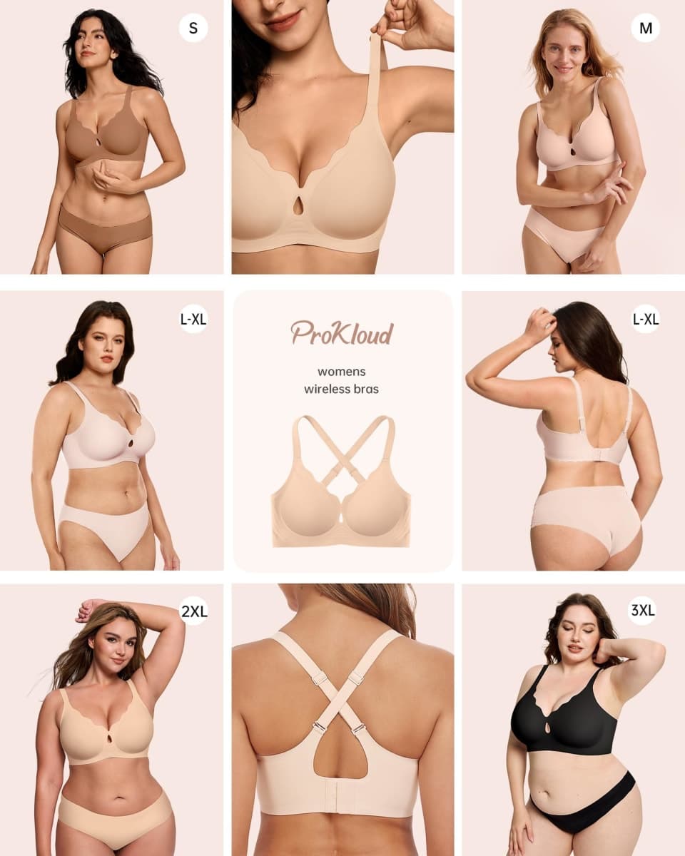 ProKloud Wireless Bras for Women Wave Push Up No Underwire Bralettes Seamless Full Coverage Support Lift Everyday Bra, Black+white+nude, 3X-Large thumbnail 5