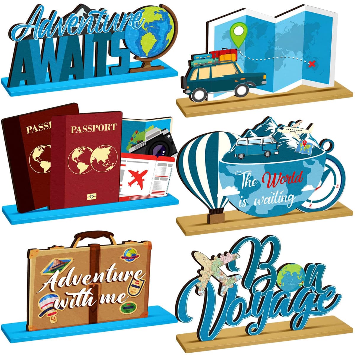 DoubleFill 6 Pcs Travel Themed Wooden Centerpieces Table Toppers Adventure Awaits Party Decor Travel Around The World Bon Voyage Table Decor Photo Props for Let The Adventure Begin Going Away Party — image 1