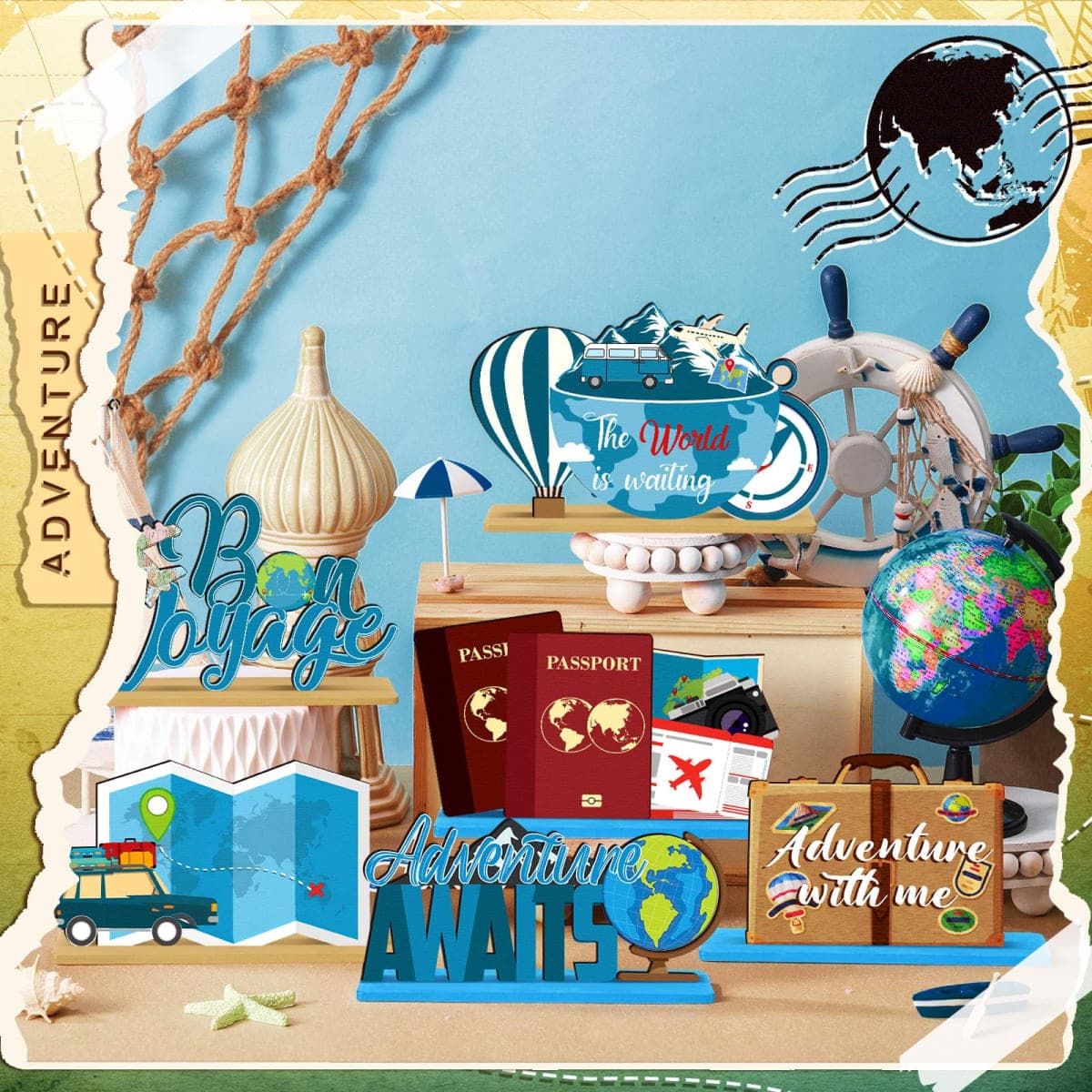 DoubleFill 6 Pcs Travel Themed Wooden Centerpieces Table Toppers Adventure Awaits Party Decor Travel Around The World Bon Voyage Table Decor Photo Props for Let The Adventure Begin Going Away Party thumbnail 3