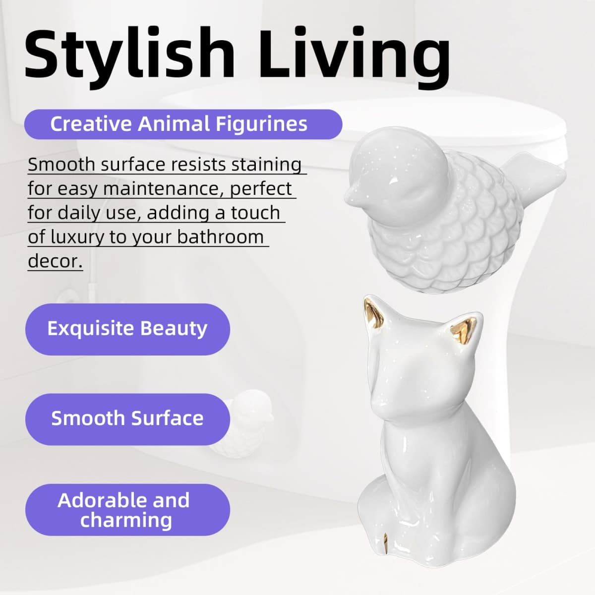 4Pcs Toilet Bolt Covers Decorative, Bird and Fox-Cat Ceramic Toilet Bowl Bolt Screw Covers Caps, White Toilet-Knob Cover for Bathroom Decor thumbnail 5