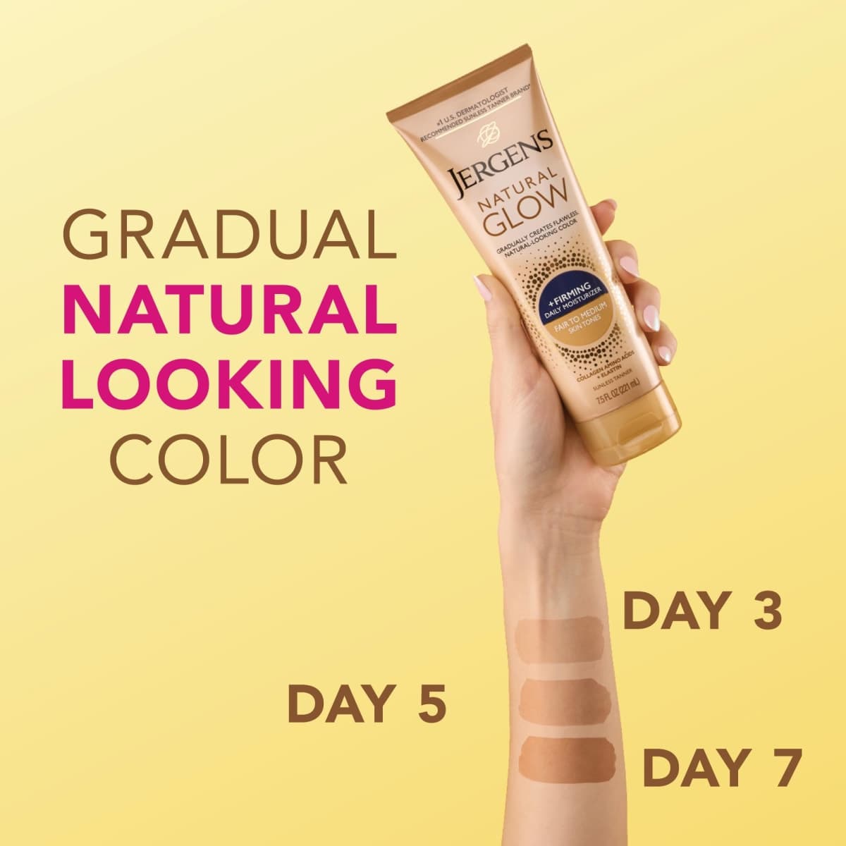 Jergens Natural Glow +Firming Self Tanner Body Lotion, Fair to Medium Skin Tone, Sunless Tanning Moisturizer with Collagen and Elastin. Helps to Visibly Reduce Cellulite, 7.5 Fl Oz (Pack of 2) thumbnail 4