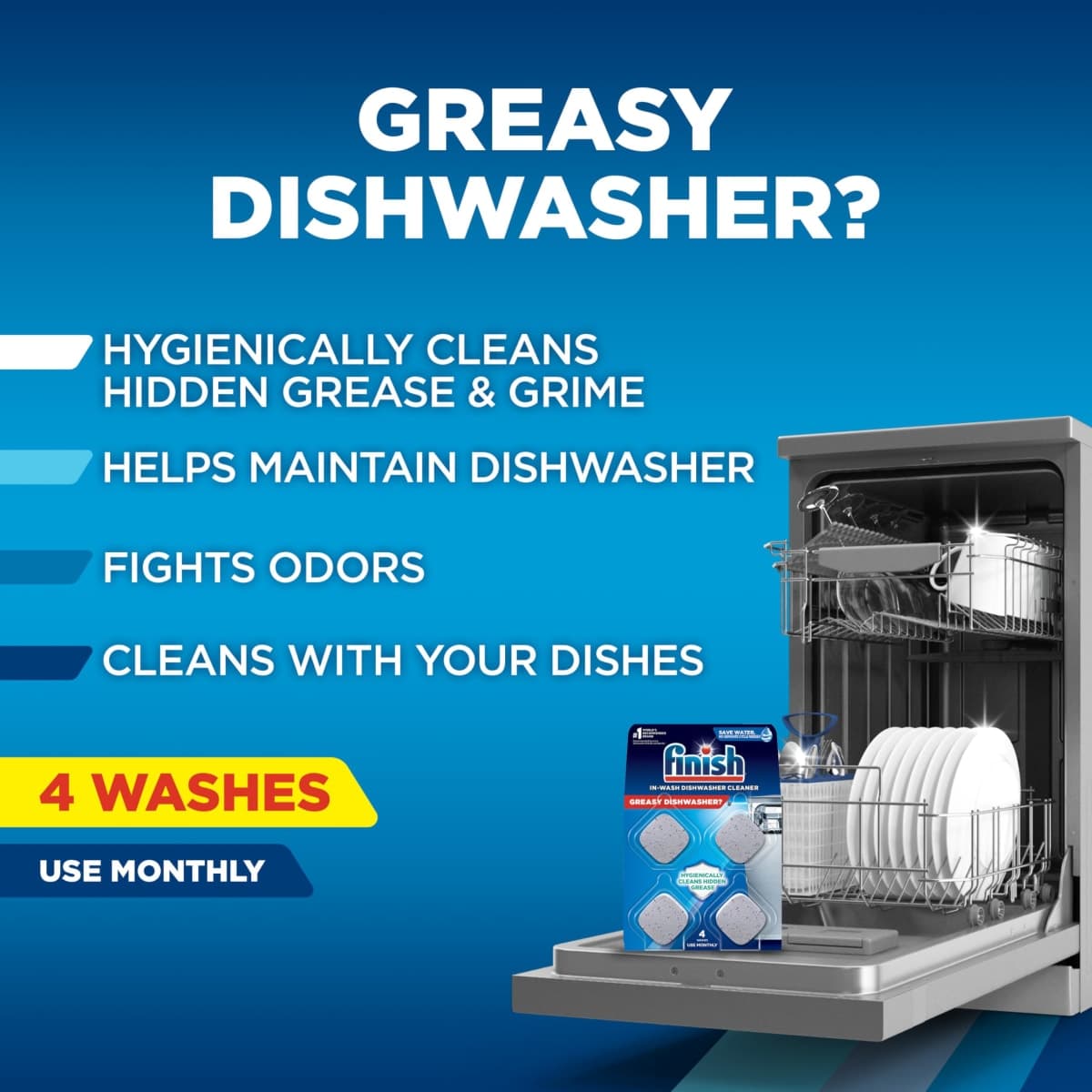 Finish Dishwasher Cleaner Tablets, 4 count, Hygienically Cleans Hidden Grease, Use in Normal Cycle, Lemon Scented, 4 Month Supply thumbnail 2