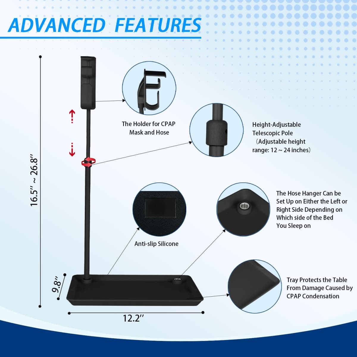 CPAP Hose Holder for Bed - (Wall-Damage-Free) Black CPAP Machine Protective Tray with Adjustable Height Hook for Hanging Mask & Accessories to Keep Bedside Tidy thumbnail 2