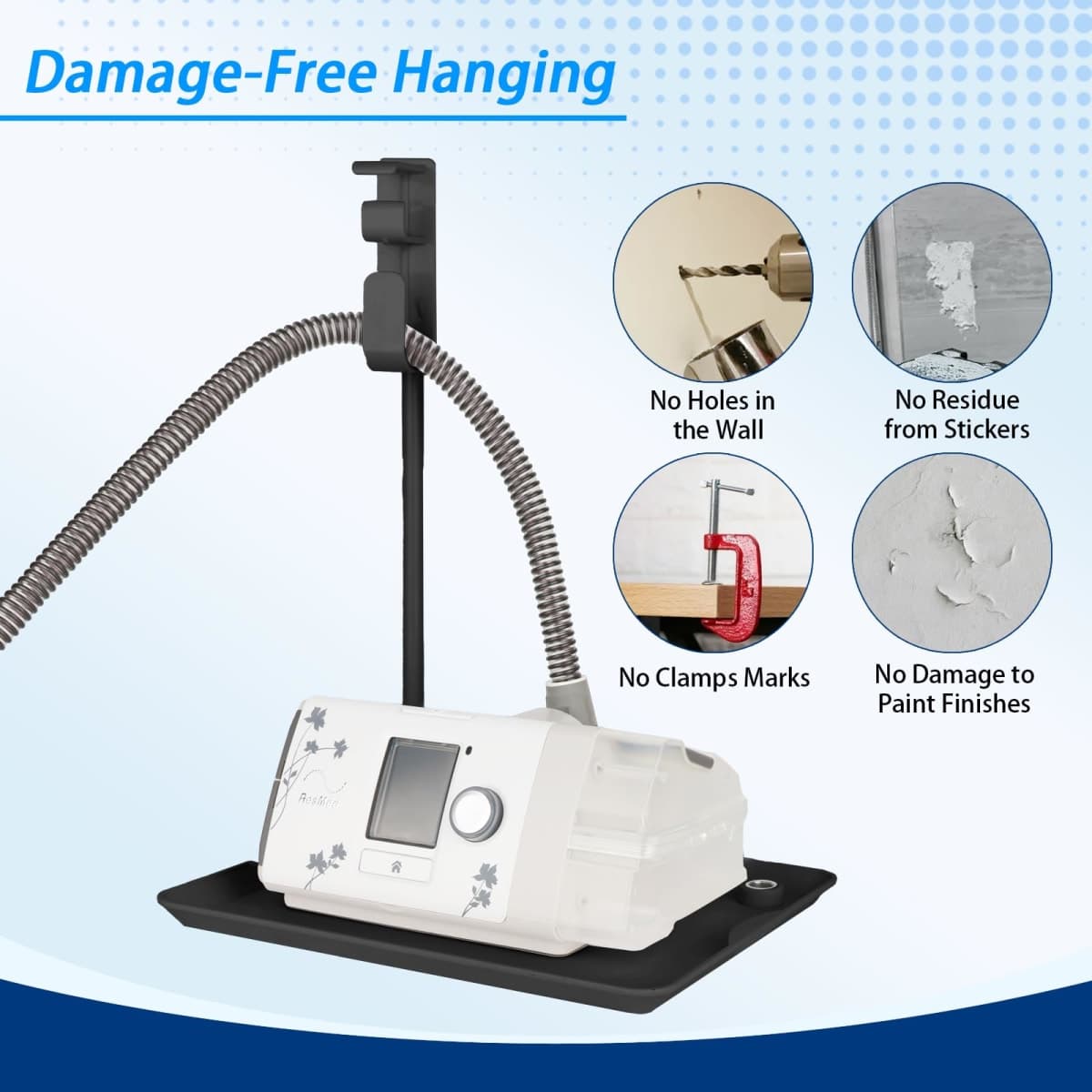 CPAP Hose Holder for Bed - (Wall-Damage-Free) Black CPAP Machine Protective Tray with Adjustable Height Hook for Hanging Mask & Accessories to Keep Bedside Tidy thumbnail 3