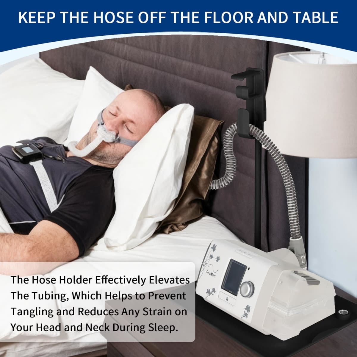 CPAP Hose Holder for Bed - (Wall-Damage-Free) Black CPAP Machine Protective Tray with Adjustable Height Hook for Hanging Mask & Accessories to Keep Bedside Tidy thumbnail 4