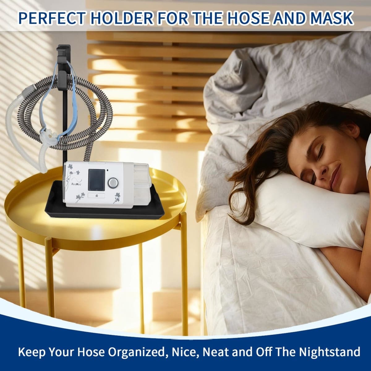 CPAP Hose Holder for Bed - (Wall-Damage-Free) Black CPAP Machine Protective Tray with Adjustable Height Hook for Hanging Mask & Accessories to Keep Bedside Tidy thumbnail 5