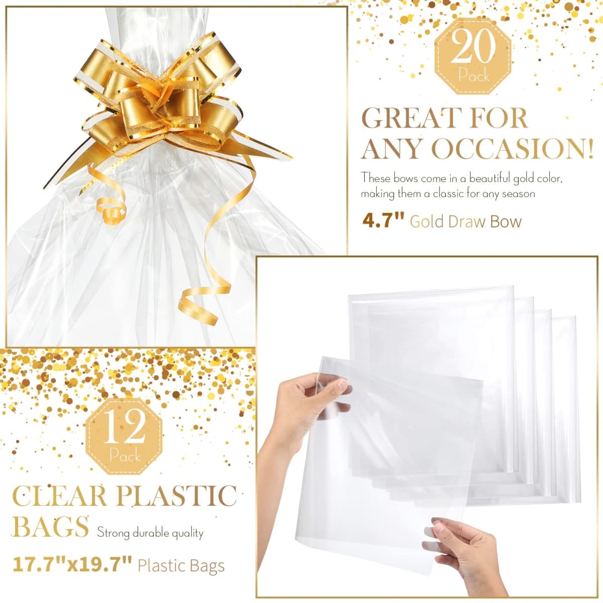 44 Pcs Gift Basket Kit - 12 Empty Baskets, 12 Plastic Bags, 20 Gold Pull Bows for Wedding, Birthday, Thanksgiving, Christmas Party Gift Wrapping thumbnail 3