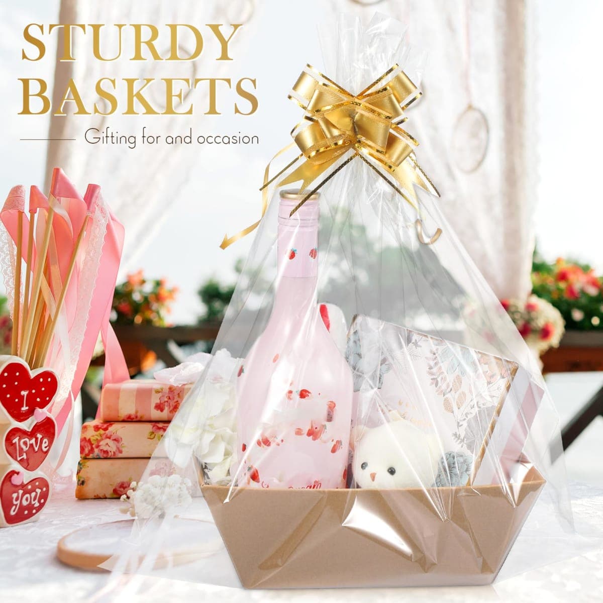 44 Pcs Gift Basket Kit - 12 Empty Baskets, 12 Plastic Bags, 20 Gold Pull Bows for Wedding, Birthday, Thanksgiving, Christmas Party Gift Wrapping thumbnail 5