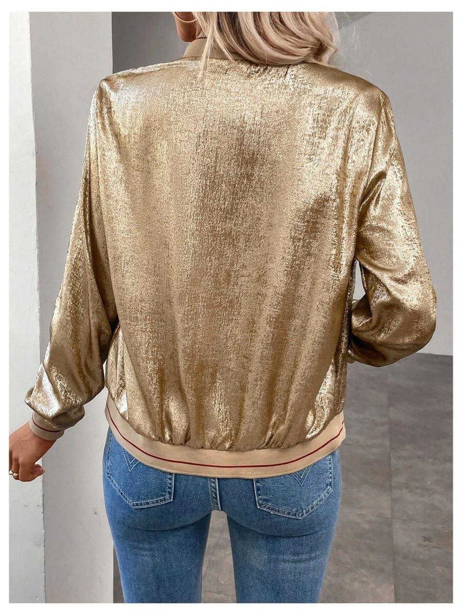 Verdusa Women's Metallic Zipper Bomber Disco Party Jackets Outwear Long Sleeve Lightweight Jacket Coats, Gold, Medium thumbnail 2