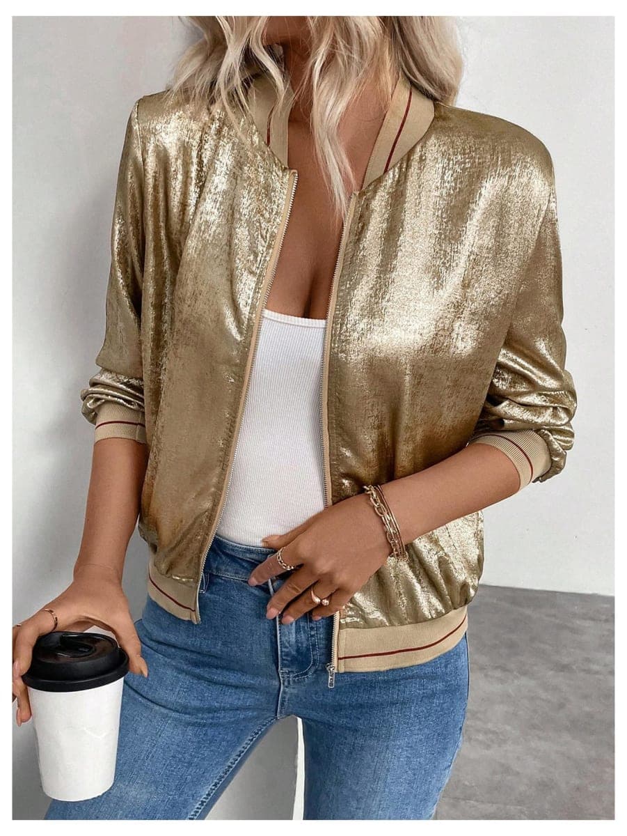 Verdusa Women's Metallic Zipper Bomber Disco Party Jackets Outwear Long Sleeve Lightweight Jacket Coats, Gold, Medium thumbnail 3