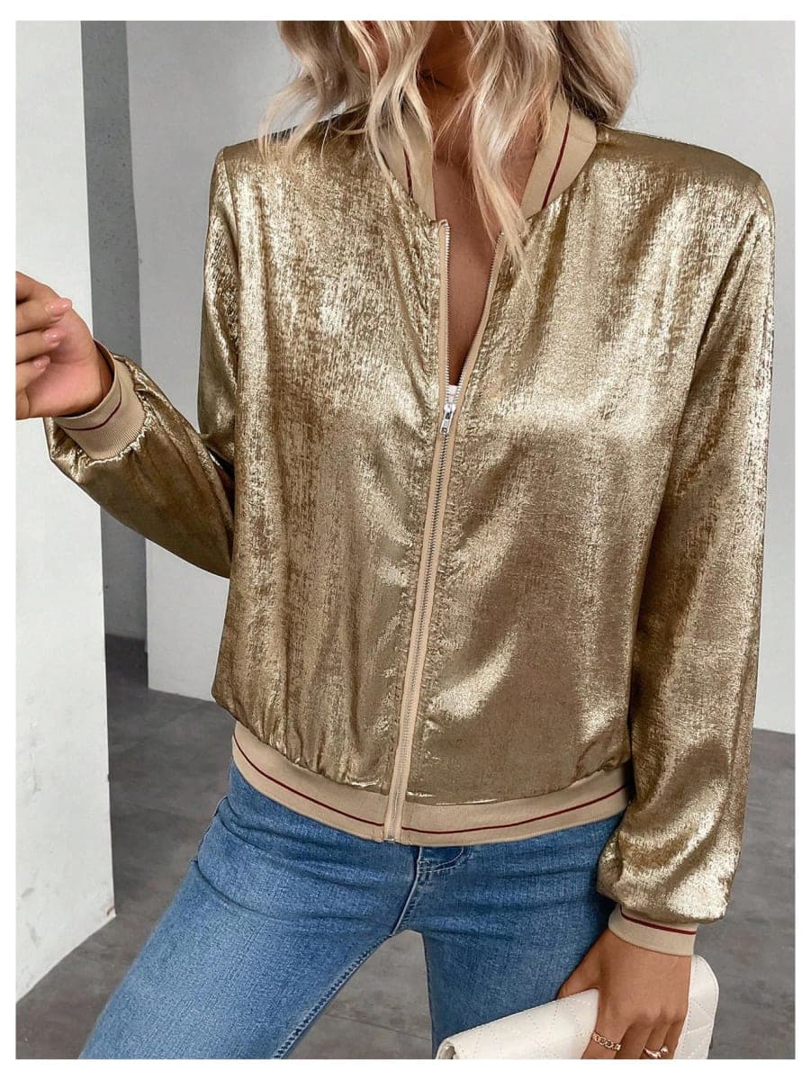 Verdusa Women's Metallic Zipper Bomber Disco Party Jackets Outwear Long Sleeve Lightweight Jacket Coats, Gold, Medium thumbnail 5