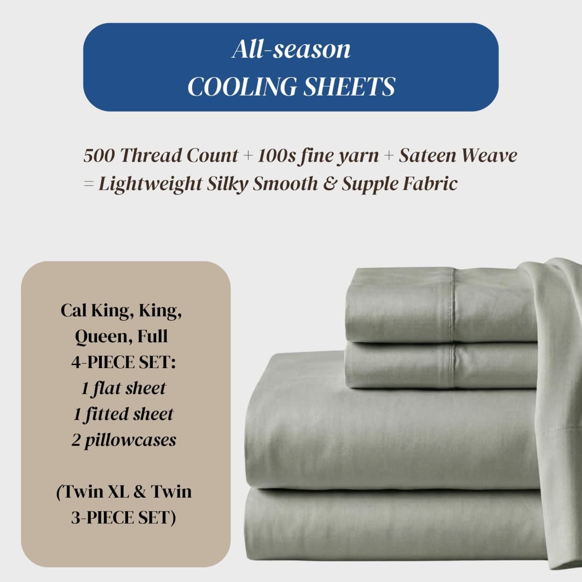 Beckham Hotel Collection King Sheet Set 100% Cotton, 500TC Luxury Sateen Bedding, 18” Deep Pocket, Moisture-Wicking, 4-Piece, Gray thumbnail 2