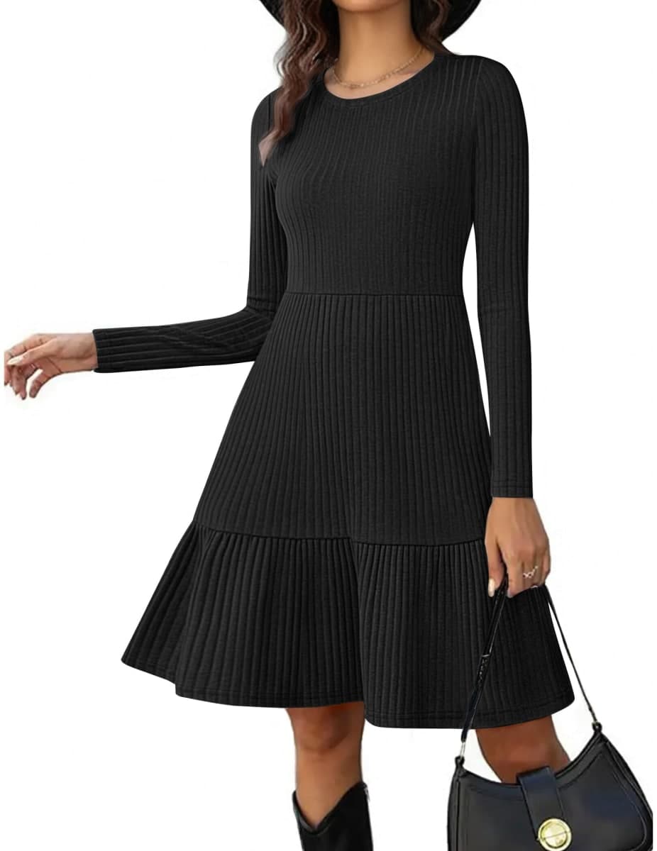 Zeagoo Womens Long Sleeve Fall Dresses with Pockets 2025 Flowy Casual Ribbed Knit Crew Neck Knee Length Sweater Dress, Black, X-Large thumbnail 2