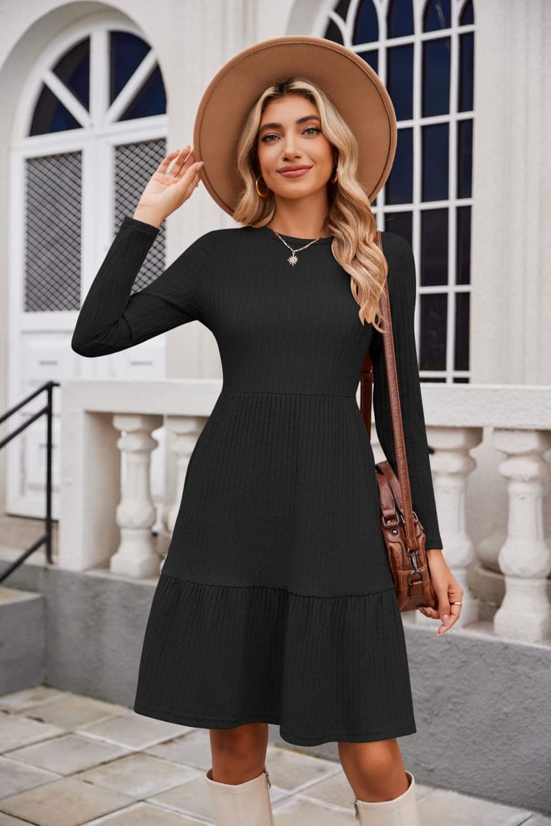 Zeagoo Womens Long Sleeve Fall Dresses with Pockets 2025 Flowy Casual Ribbed Knit Crew Neck Knee Length Sweater Dress, Black, X-Large thumbnail 5
