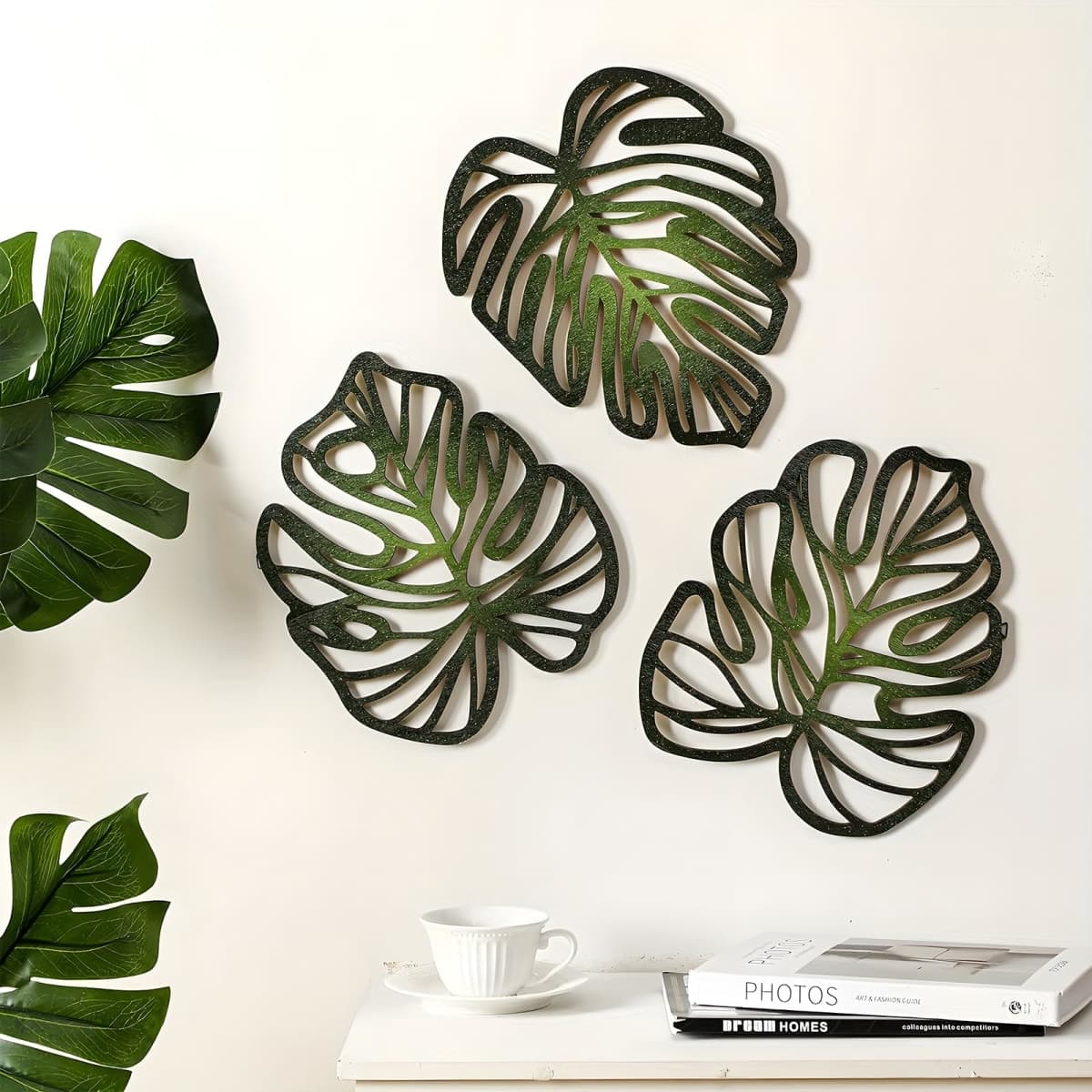 3Pcs Wooden Palm Leaves Wall Decor, Tropical Wall Art, Hawaiian Art Wooden Natural Leaves Plant Wall Decor, Vintage Tropical Plant Plaque for Home Living Room Kitchen Bedroom Bathroom & Garden, Green — image 1