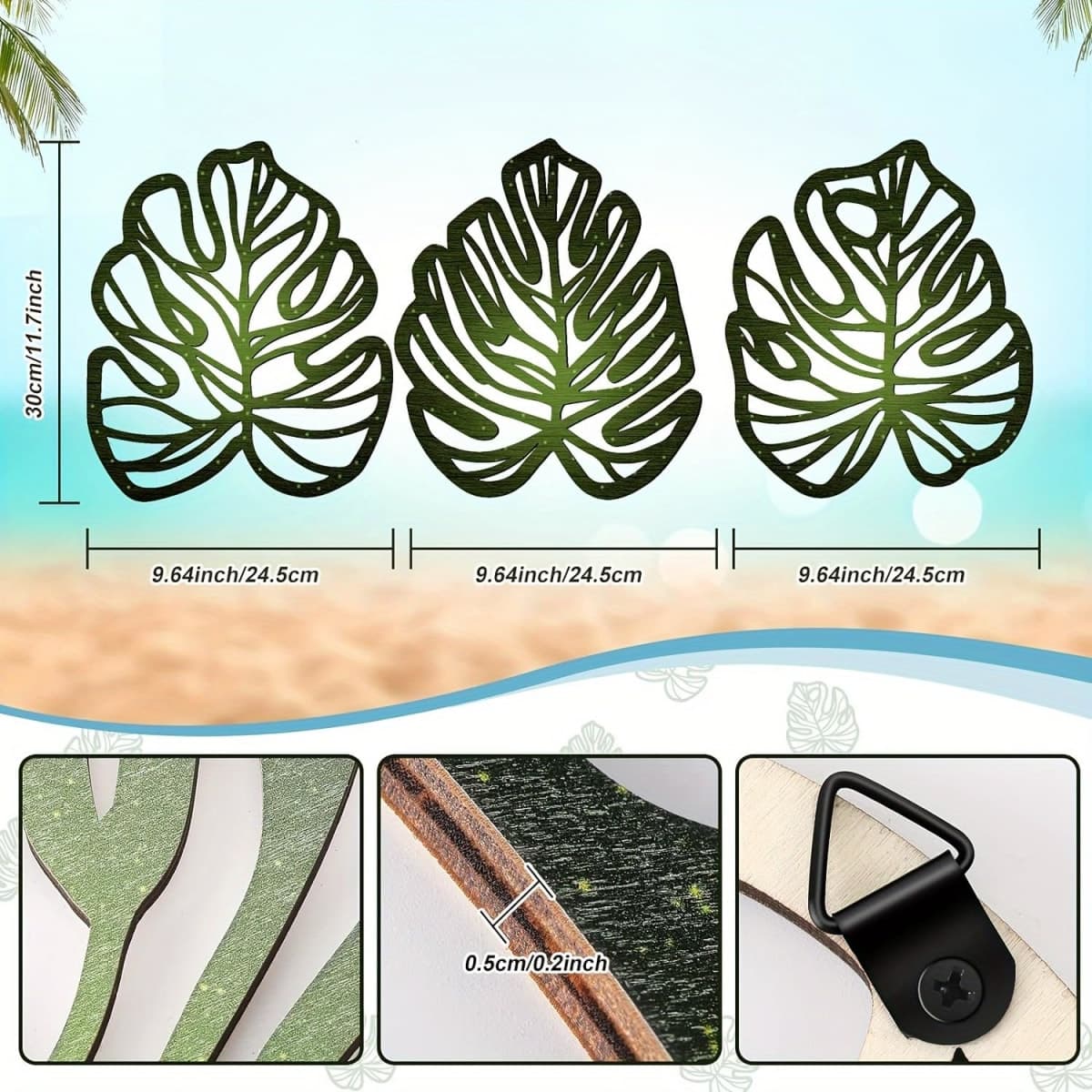 3Pcs Wooden Palm Leaves Wall Decor, Tropical Wall Art, Hawaiian Art Wooden Natural Leaves Plant Wall Decor, Vintage Tropical Plant Plaque for Home Living Room Kitchen Bedroom Bathroom & Garden, Green thumbnail 5
