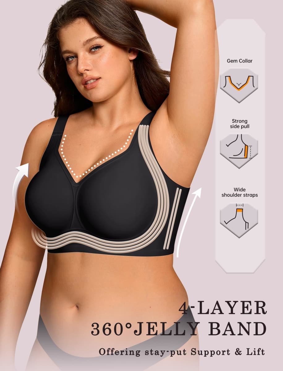 OEAK Womens Wireless Jelly Bra Plus Size Supportive Seamless Bras Full Coverage Push Up Comfortable No Underwire Tshirt Bras, Black, Large thumbnail 2