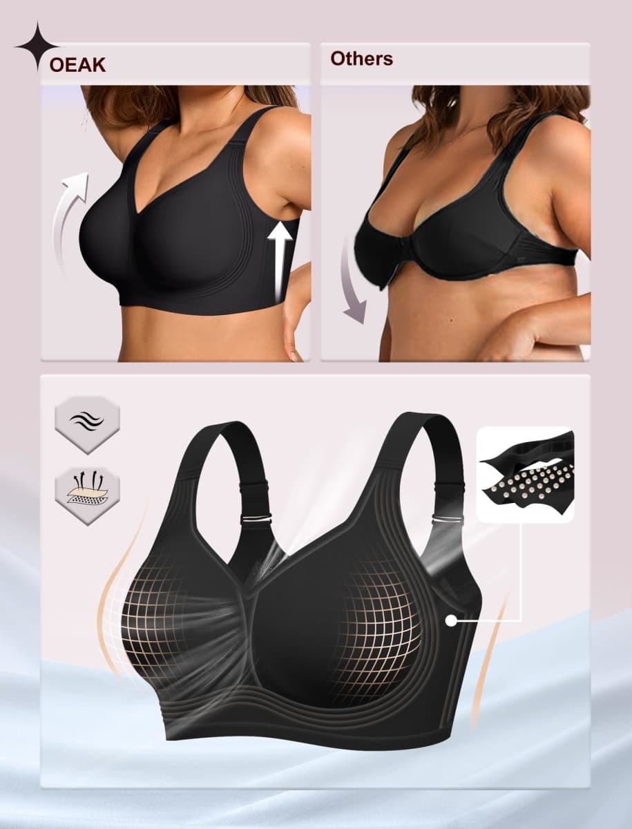 OEAK Womens Wireless Jelly Bra Plus Size Supportive Seamless Bras Full Coverage Push Up Comfortable No Underwire Tshirt Bras, Black, Large thumbnail 4