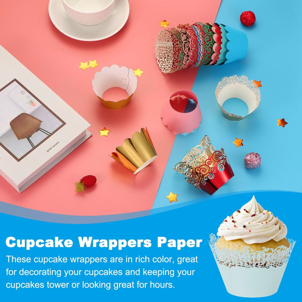 PATIKIL Cupcake Wrappers Paper, 50 Pack Baking Cups Standard Rose Decoration for Anniversary Birthday Weddings and Parties, Light Blue thumbnail 4