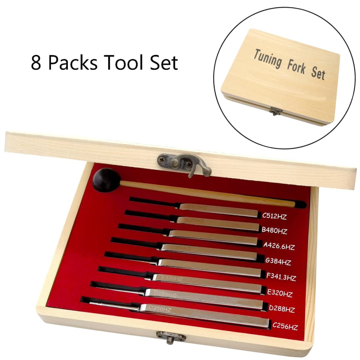8 Packs Tuning Fork Set With Striking Hammers - Stainless Steel with Hammer (256 Hz (C), 288 Hz (D), 320 Hz (E), 341.3 Hz (F), 384 Hz (G), 426.6 (A), 480 (B), 512 (C)) Sound Healing Vibration Tools thumbnail 2