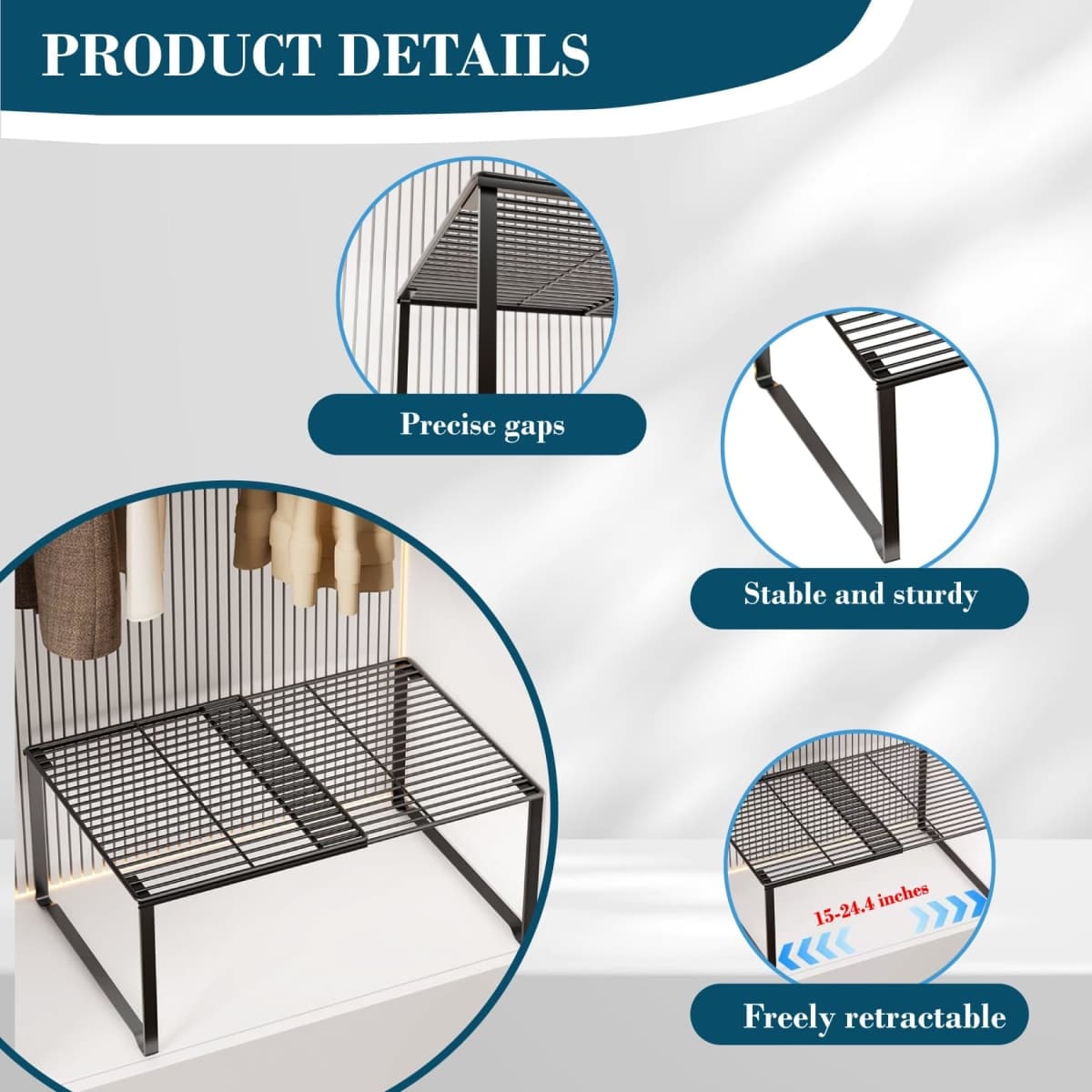 HGZBS Extendable Metal Wire Shelf Organizer - Adjustable 15-24.4in Length, Stackable Storage Rack for Kitchen/Pantry/Bathroom/Shoe Cabinet/Tool Closet (White, 2 Pack) thumbnail 3