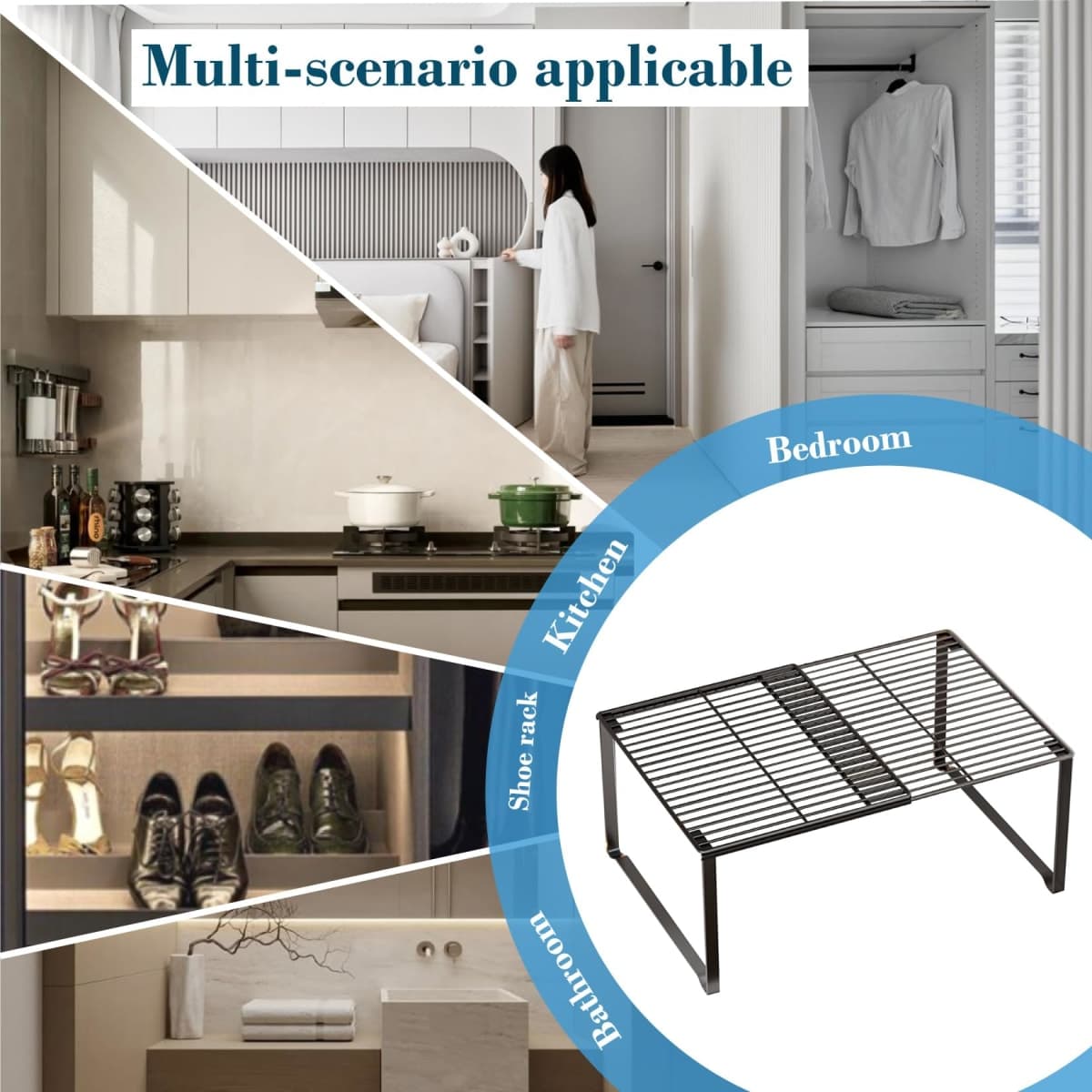 HGZBS Extendable Metal Wire Shelf Organizer - Adjustable 15-24.4in Length, Stackable Storage Rack for Kitchen/Pantry/Bathroom/Shoe Cabinet/Tool Closet (White, 2 Pack) thumbnail 4