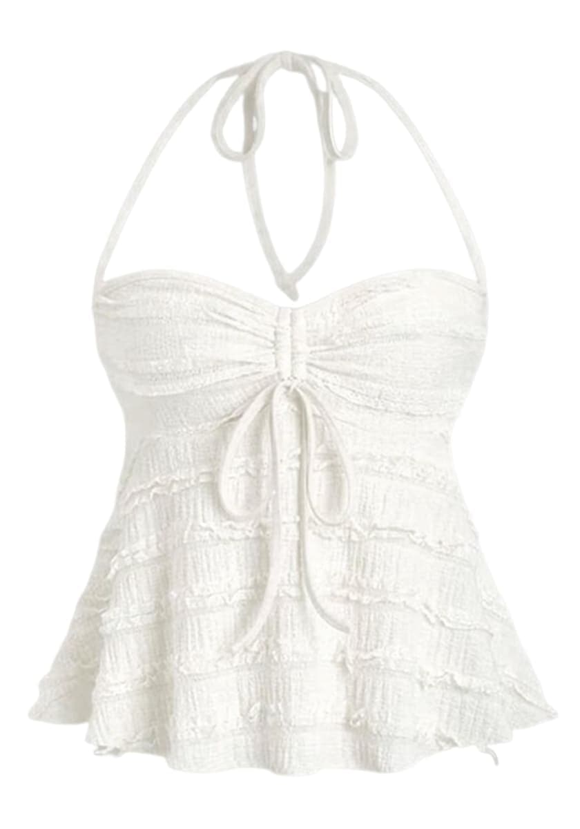 AKSHOPE Women's Ruched Halter Tops Peplum Cami Tops Y2K Drawstring Tie Crop Top for Summer Going Out Dressy Casual, White, Small — image 1