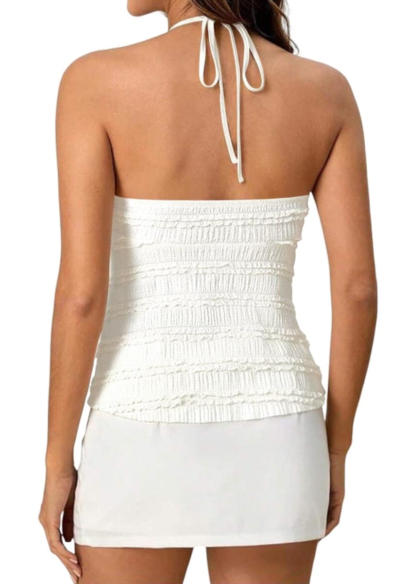 AKSHOPE Women's Ruched Halter Tops Peplum Cami Tops Y2K Drawstring Tie Crop Top for Summer Going Out Dressy Casual, White, Small thumbnail 4