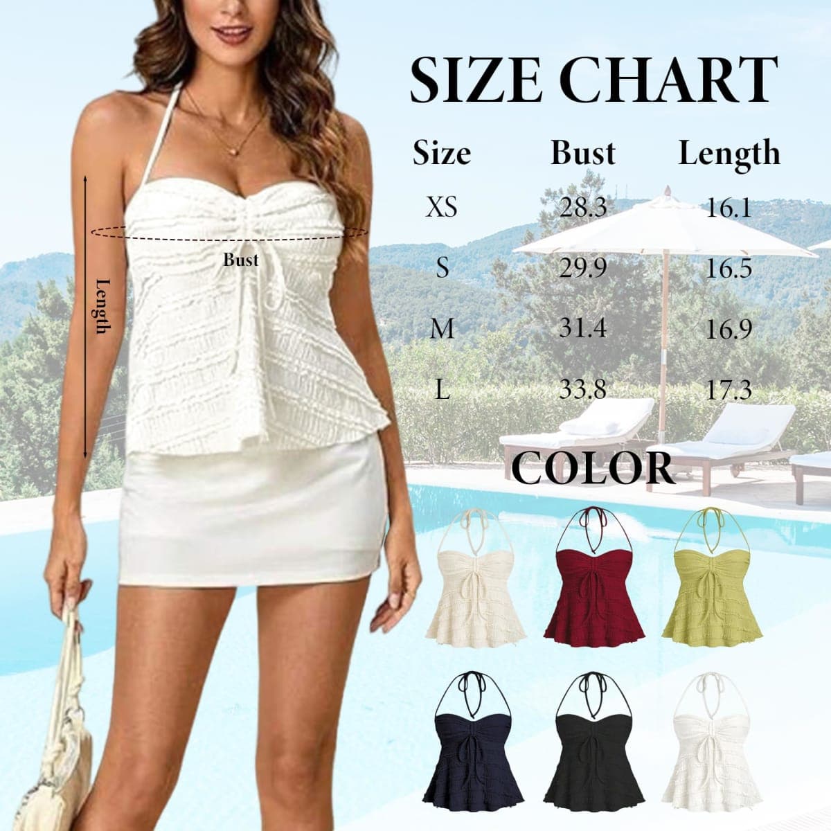 AKSHOPE Women's Ruched Halter Tops Peplum Cami Tops Y2K Drawstring Tie Crop Top for Summer Going Out Dressy Casual, White, Small thumbnail 5
