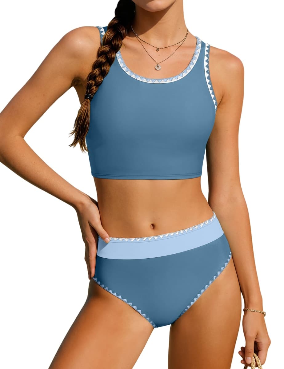 NECIOUS Girls Swimsuit Two Piece High Waist Sporty Bikini Sets Color Block Bathing Suit with Chest Pad Girls' Swimwear 9-16Y, Blue, 15-16 Years — image 1