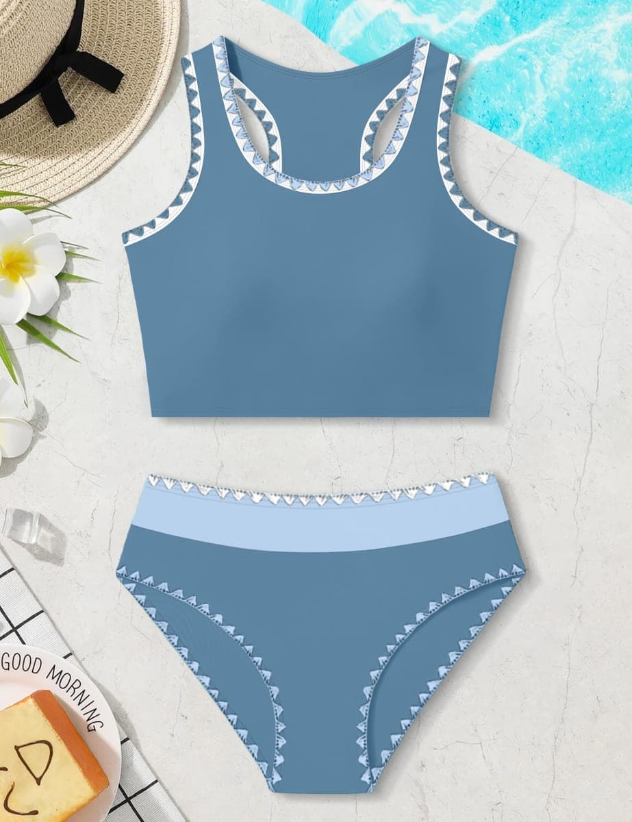 NECIOUS Girls Swimsuit Two Piece High Waist Sporty Bikini Sets Color Block Bathing Suit with Chest Pad Girls' Swimwear 9-16Y, Blue, 15-16 Years thumbnail 5