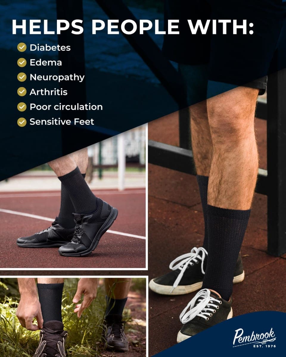Pembrook Cotton Diabetic Socks for Men - 5 Pairs Crew Diabetic Socks for Men Size 13-15, 9-12, Non-Binding & Moisture-Wicking, Black thumbnail 2