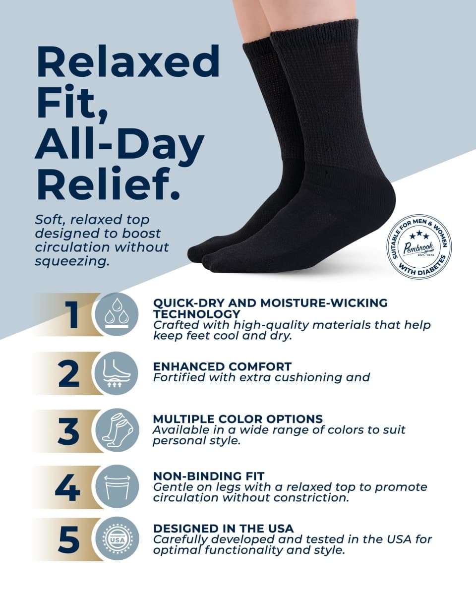 Pembrook Cotton Diabetic Socks for Men - 5 Pairs Crew Diabetic Socks for Men Size 13-15, 9-12, Non-Binding & Moisture-Wicking, Black thumbnail 3