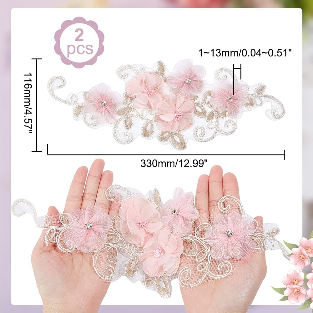 NBEADS 2 Pcs 3D Flower Lace Applique with Rhinestone, Pink Flower Lace Patches Floral Embroidered Appliques Ornaments Sew on Patches for DIY Clothing Wedding Dressing Decoration thumbnail 2