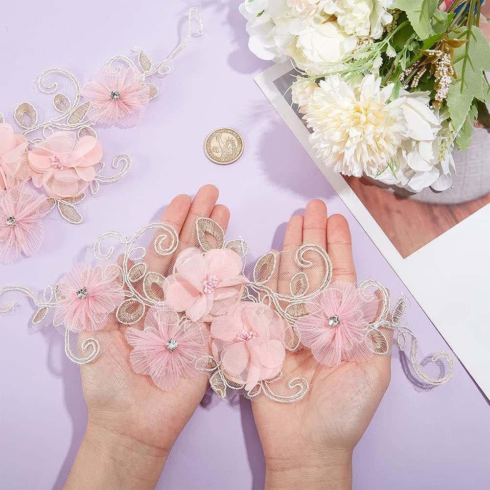 NBEADS 2 Pcs 3D Flower Lace Applique with Rhinestone, Pink Flower Lace Patches Floral Embroidered Appliques Ornaments Sew on Patches for DIY Clothing Wedding Dressing Decoration thumbnail 3