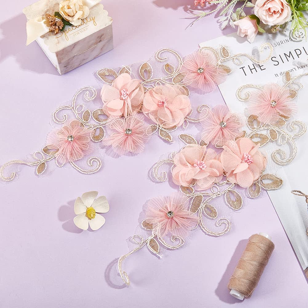 NBEADS 2 Pcs 3D Flower Lace Applique with Rhinestone, Pink Flower Lace Patches Floral Embroidered Appliques Ornaments Sew on Patches for DIY Clothing Wedding Dressing Decoration thumbnail 4