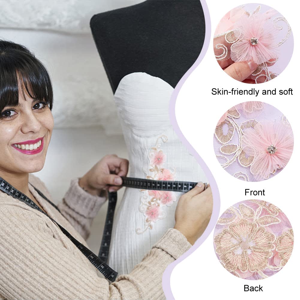 NBEADS 2 Pcs 3D Flower Lace Applique with Rhinestone, Pink Flower Lace Patches Floral Embroidered Appliques Ornaments Sew on Patches for DIY Clothing Wedding Dressing Decoration thumbnail 5