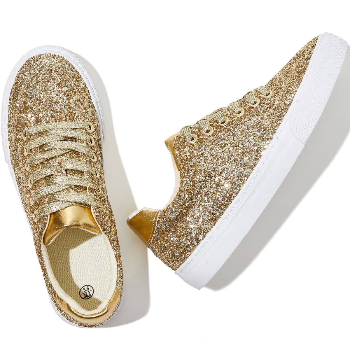 Jeekopeg Glitter Sparkly Fashion Sneakers Shoes Shiny Casual Shoes Bling Sequin Concert Low Cut Lace up Shoes, Gold Glitter, 12 Women/10 Men thumbnail 4