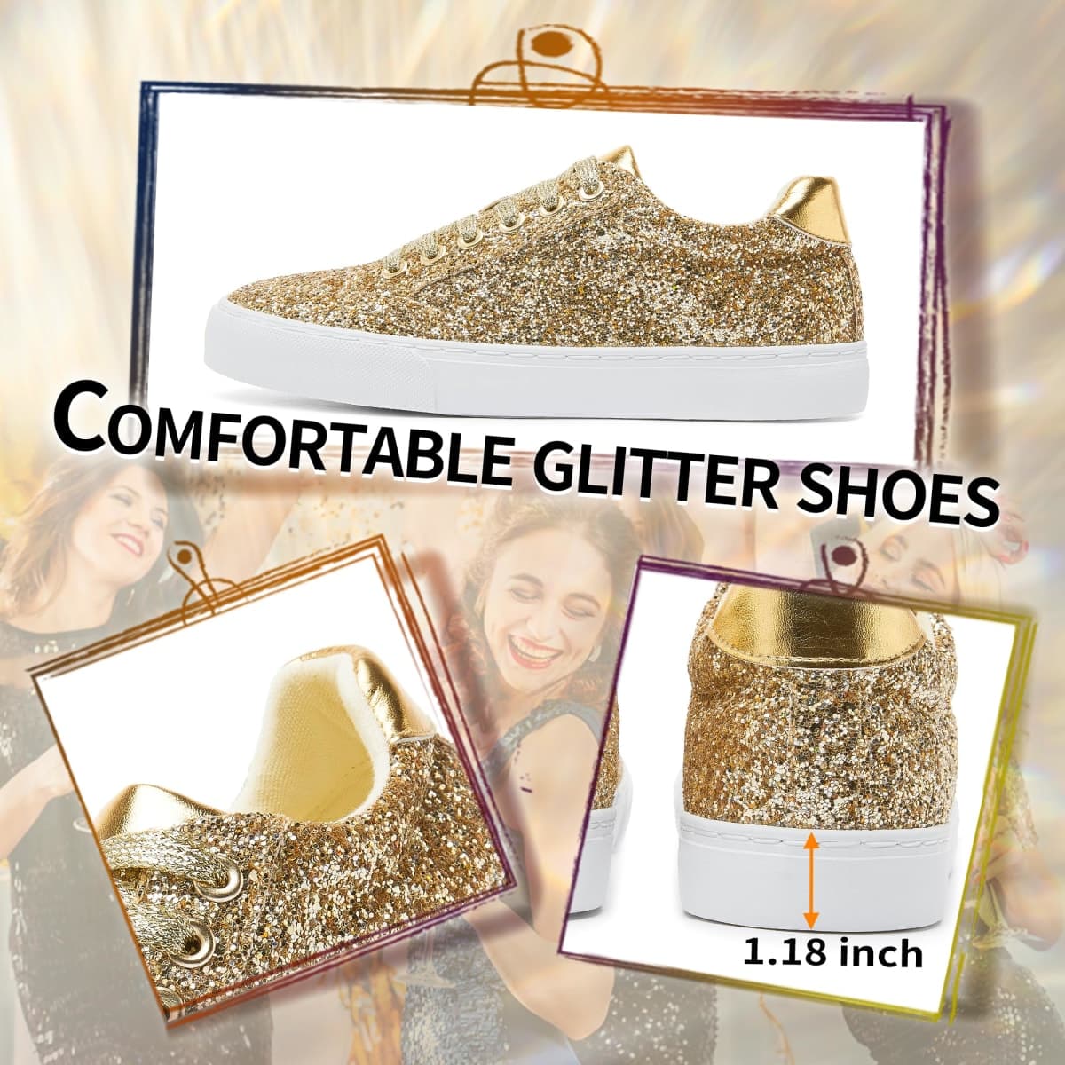 Jeekopeg Glitter Sparkly Fashion Sneakers Shoes Shiny Casual Shoes Bling Sequin Concert Low Cut Lace up Shoes, Gold Glitter, 12 Women/10 Men thumbnail 5